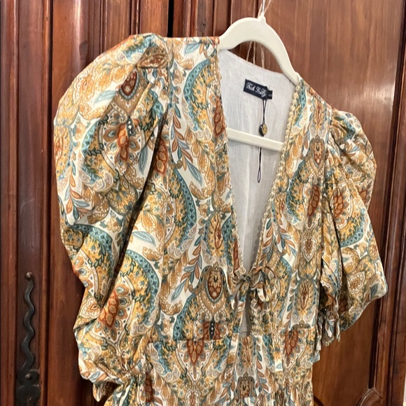 Women's Paisley Puff-Sleeve V-Neck Maxi Dress - Olive/Tan - Picture 14 of 15